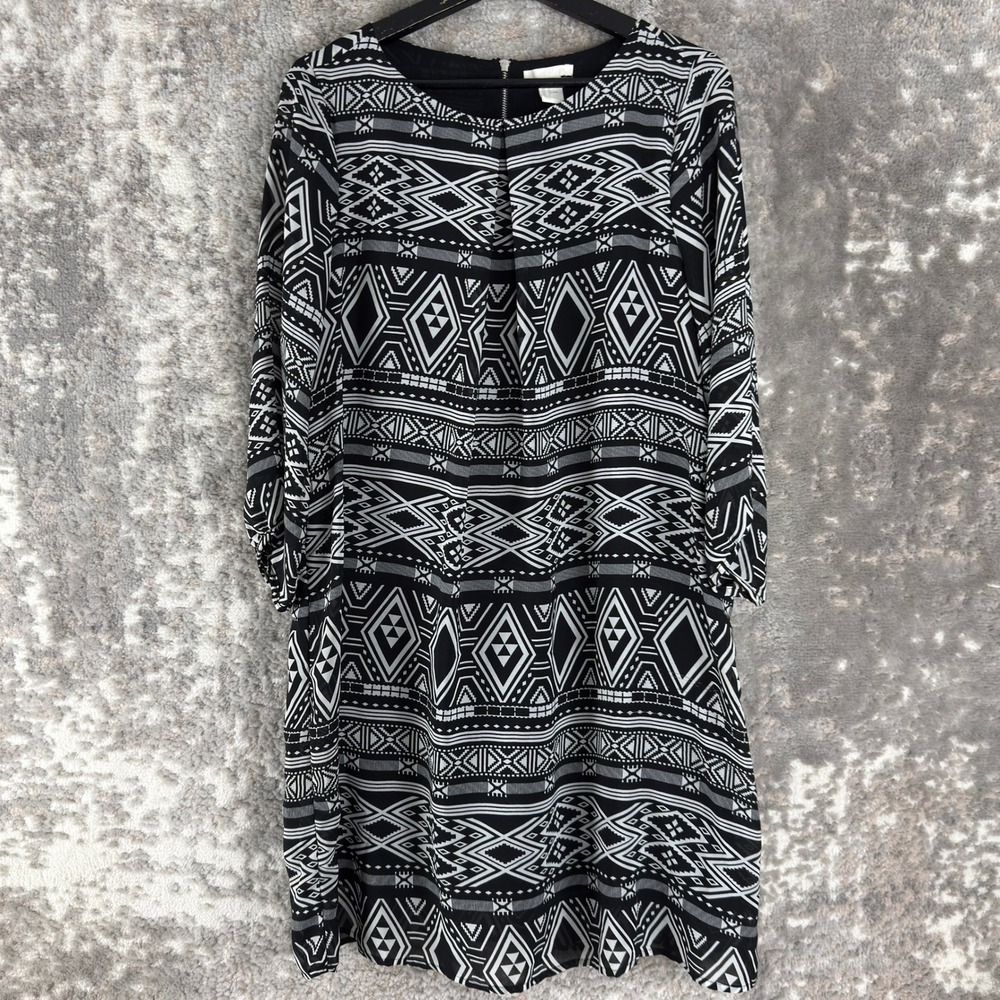 H&M Size 14 Geometric Tribal Print Shift Dress Black White 3/4 Sleeve Women